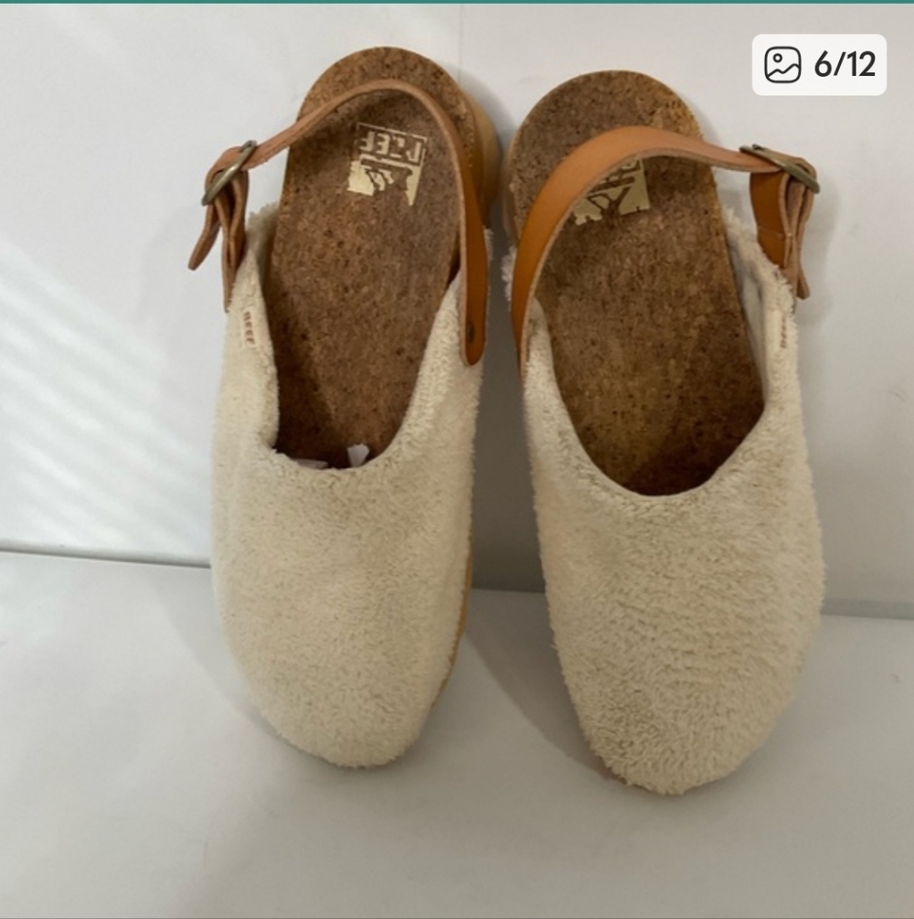 Reef Beach Bum Cream Tan Faux Fur Cork Upper Heel Strap Clogs 8 - Picture 6 of 12